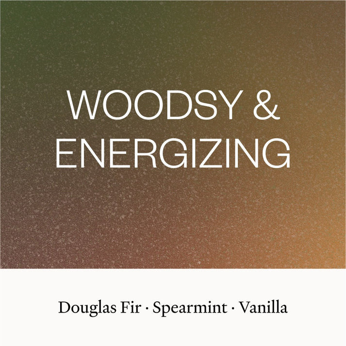 Vitruvi Après Diffuser Blend with "Woodsy & Energizing" text on a green-brown gradient background.
