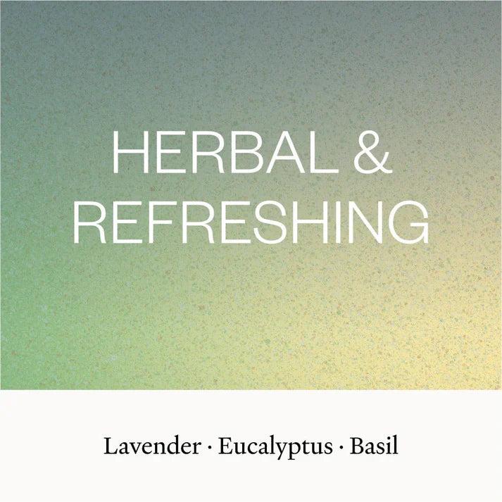 Text overlay "HERBAL & REFRESHING" on a green and yellow gradient background, with "Lavender · Eucalyptus · Basil" below.