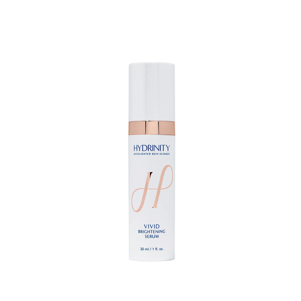 White Hydrinity Vivid Brightening Serum bottle with rose gold accents and "H" logo.