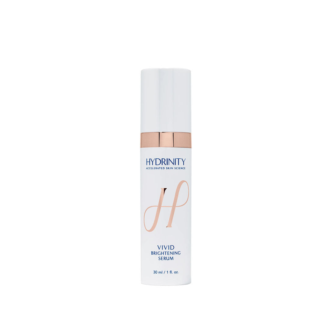 White Hydrinity Vivid Brightening Serum bottle with rose gold accents and "H" logo.