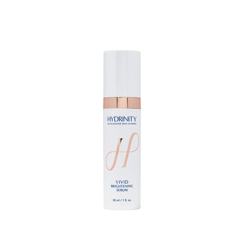 White Hydrinity Vivid Brightening Serum bottle with rose gold accents and "H" logo.